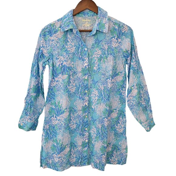 Lilly Pulitzer Other - Lilly Pulitzer Linen Cover Up Shirt Tunic Size XS Las Olas Aqua Resortwear NWOT